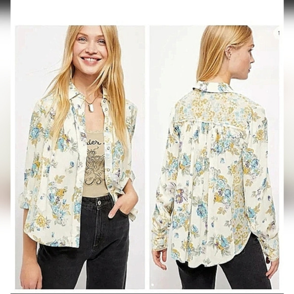 FREE People Floral Long‎ Sleeve Blouse Ivory Combo - Picture 1 of 14